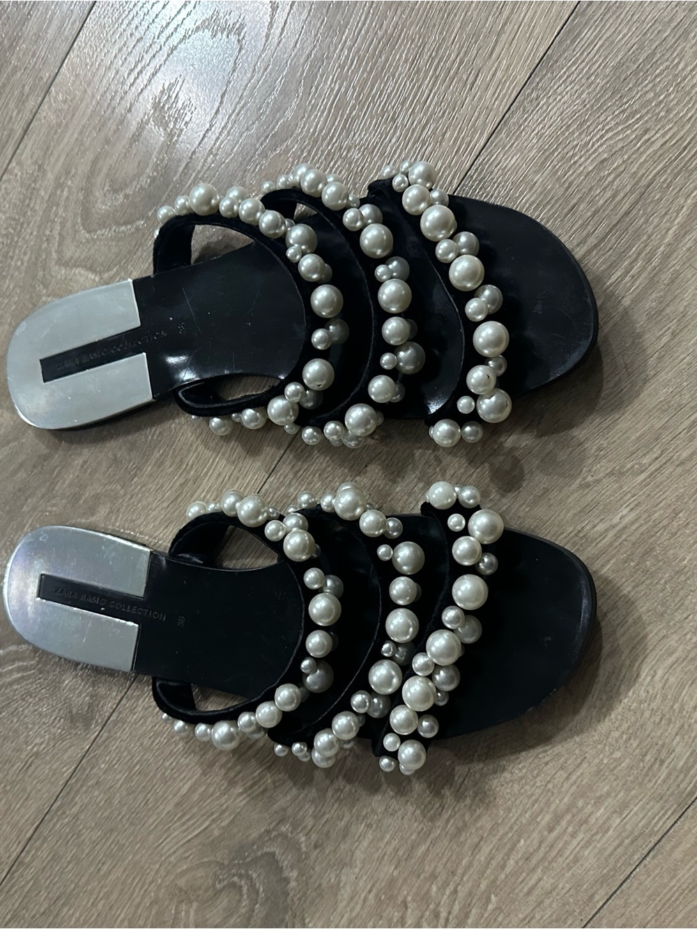 Zara Black Slide Sandals with Pearl and velvet Embellishments